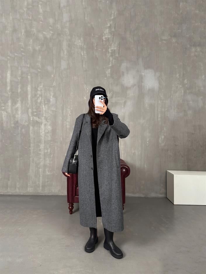 Nerisa Antrasit Düğmeli Astarlı Premium Kaban