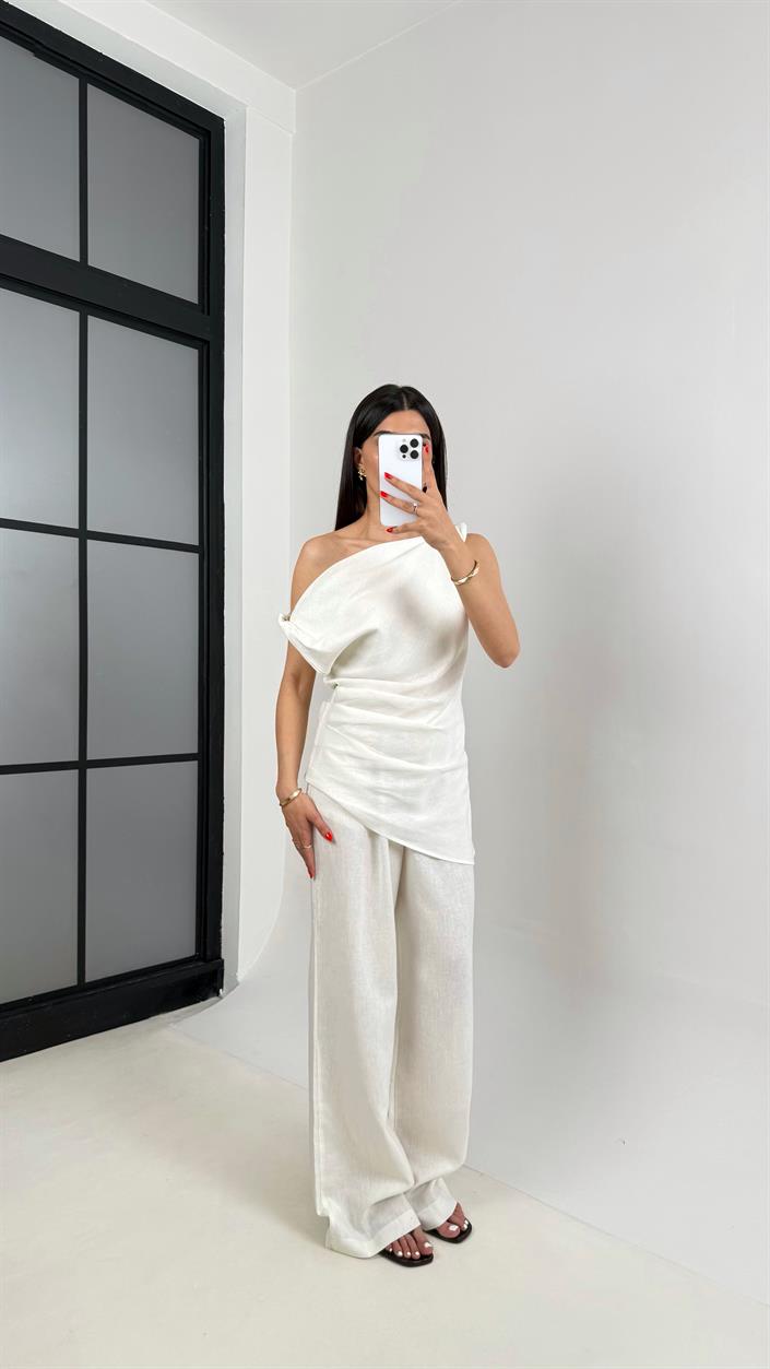 Beyaz Asimetrik Kesim Bluz Beli Lastikli Pantolon Tasarım Keten Takım Gaus00462
