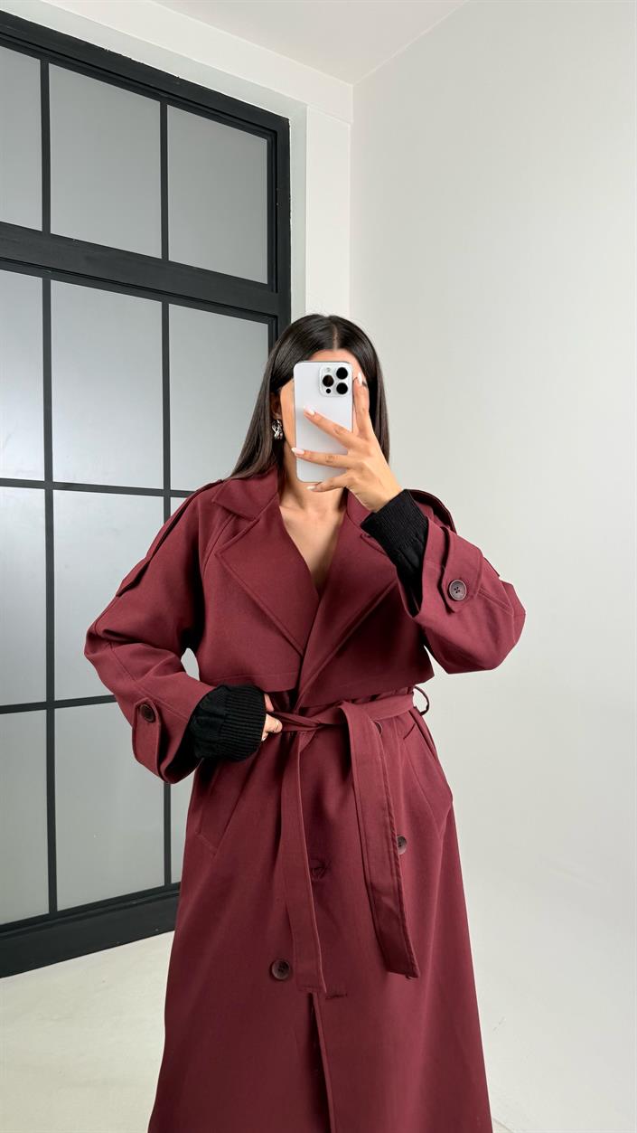 Bordo Astarlı Kuşaklı Premium Trençkot GAUS-00516