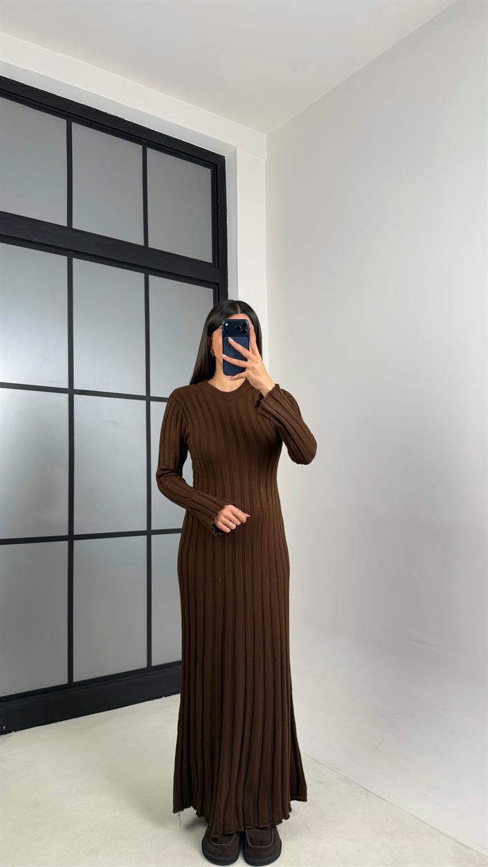 Kahve Kuşak Detaylı Triko Elbise GAUS-00812