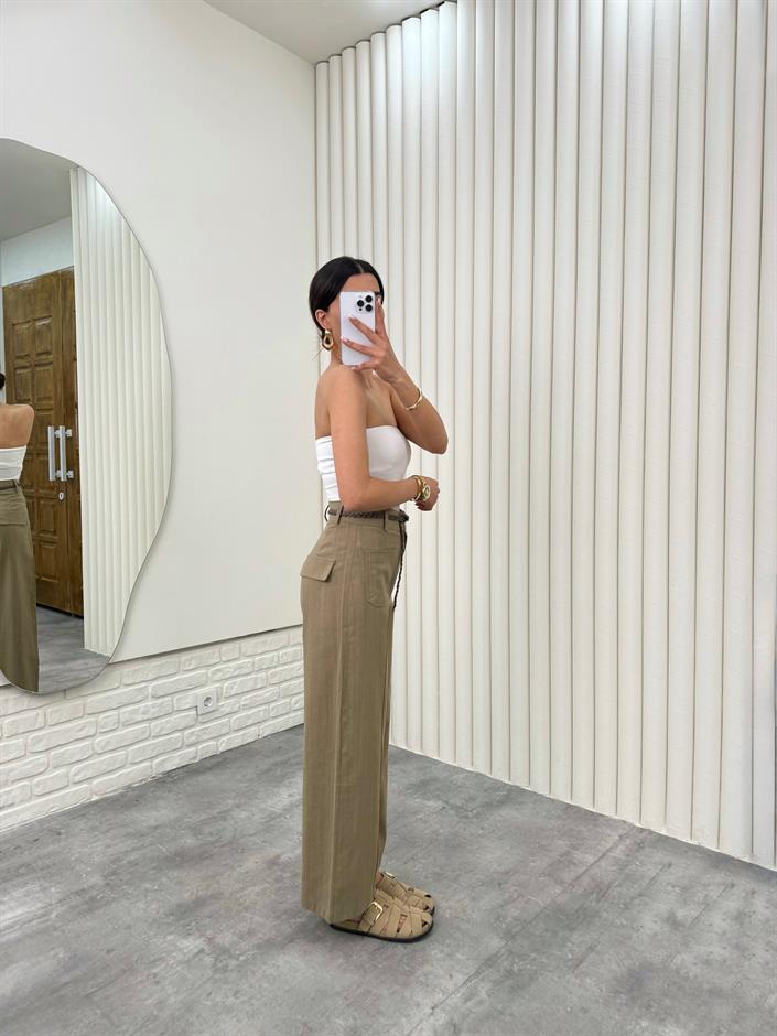 Haki Örgü Kemerli Cepli Keten Pantolon Gaus00332