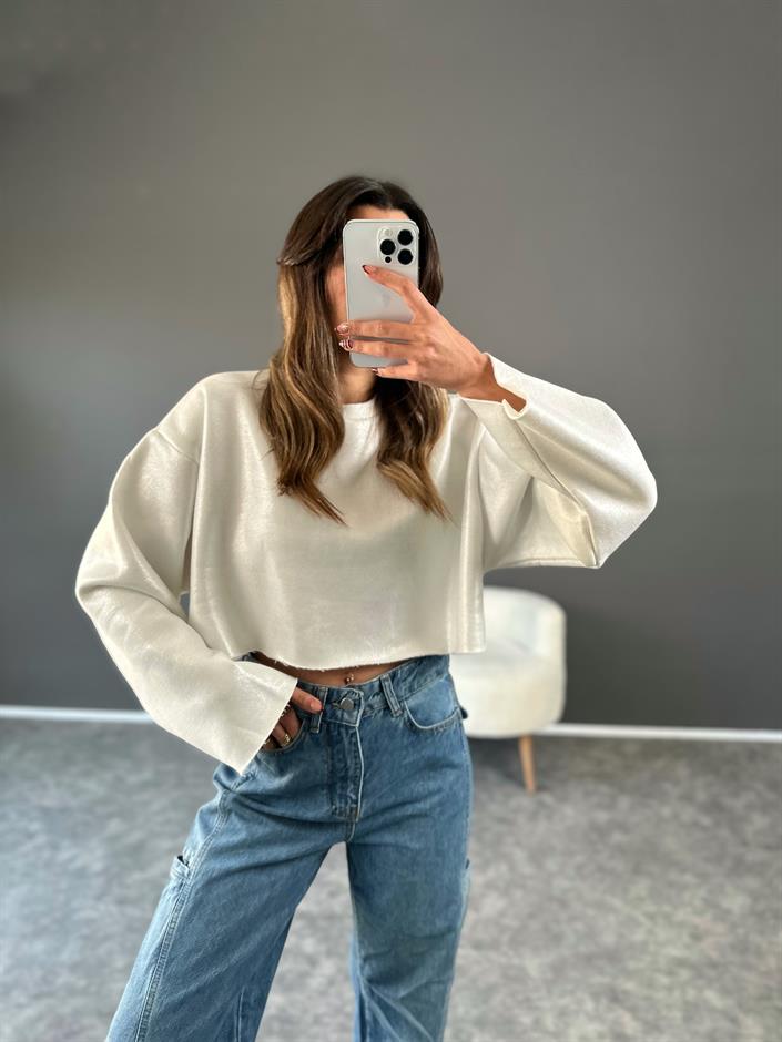 Beyaz Parlak Crop Şardonlu Sweat