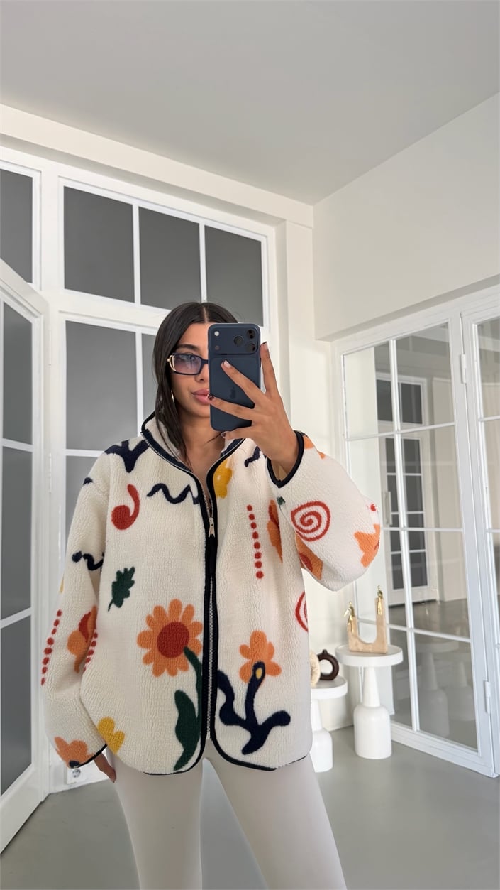 Çok Renkli Çiçek Desenli Fermuarlı Polar Sweatshirt GAUS-01916 GAUS-01930