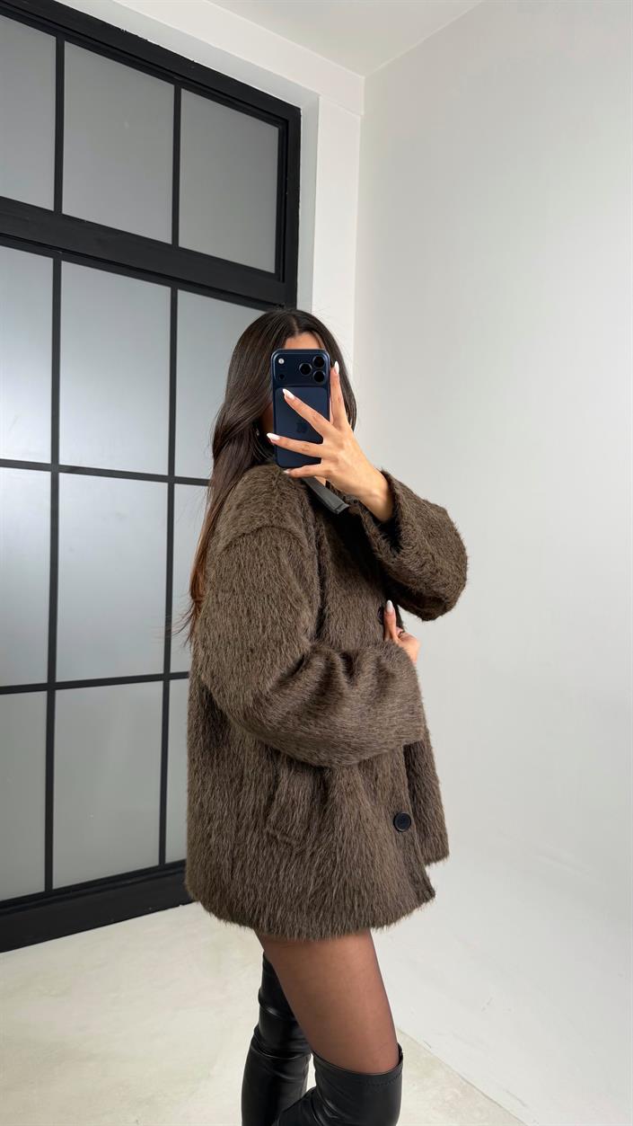 Acı Kahve Deri Yaka Detaylı Astarlı Peluş Ceket GAUS-00595