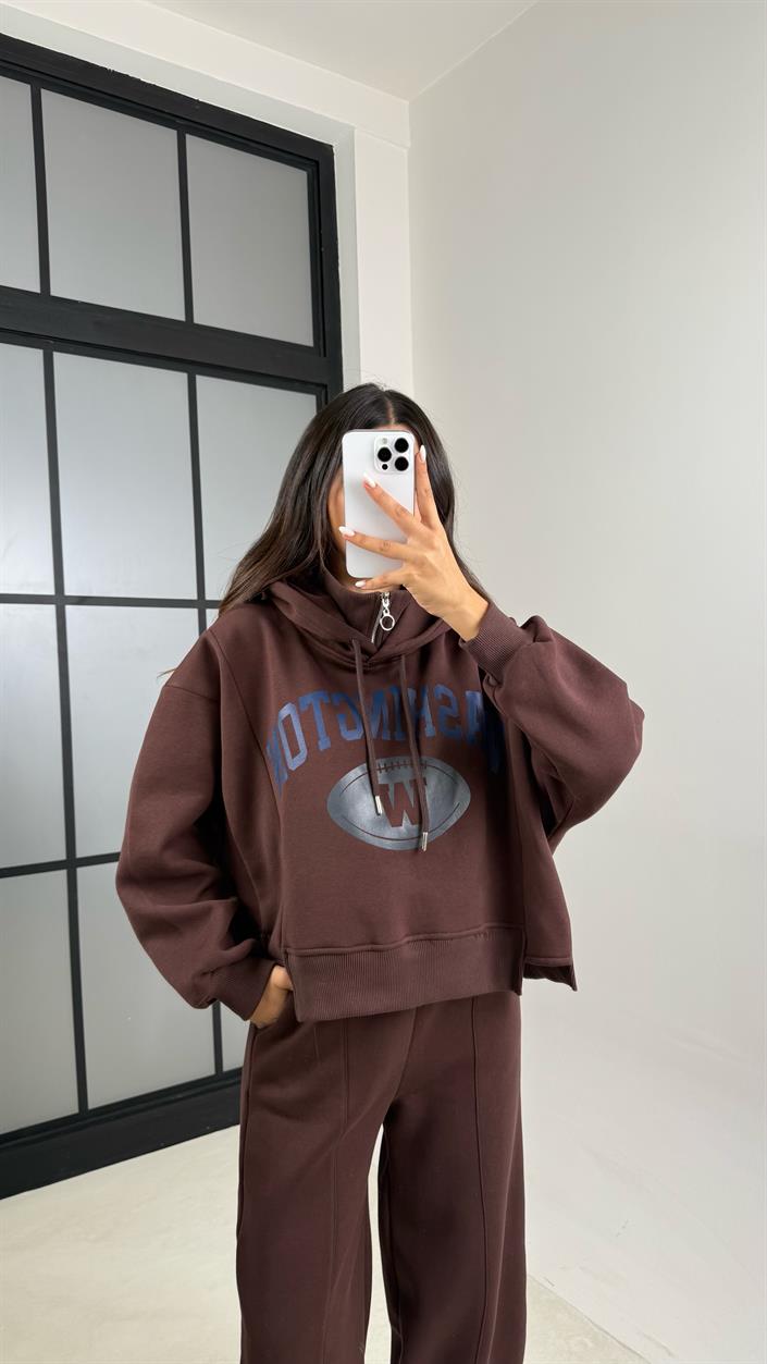 Acı Kahve Kapüşonlu Sweatshirt Beli Lastikli Pantolon 3 İplik Şardonlu Takım GAUS-00530