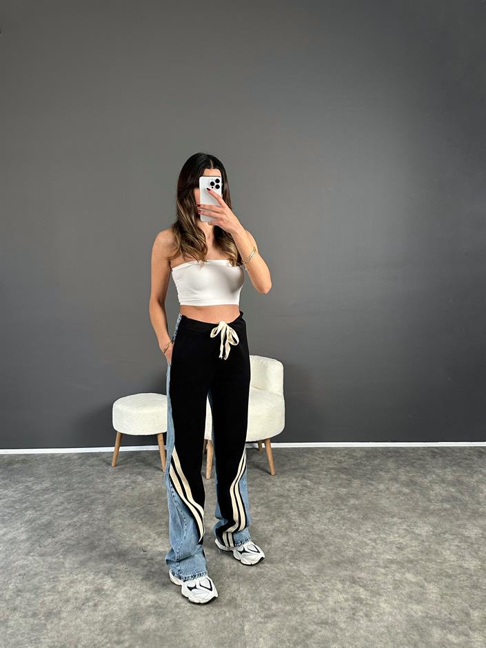 Premium Siyah Jean Şerit Detaylı Pantolon