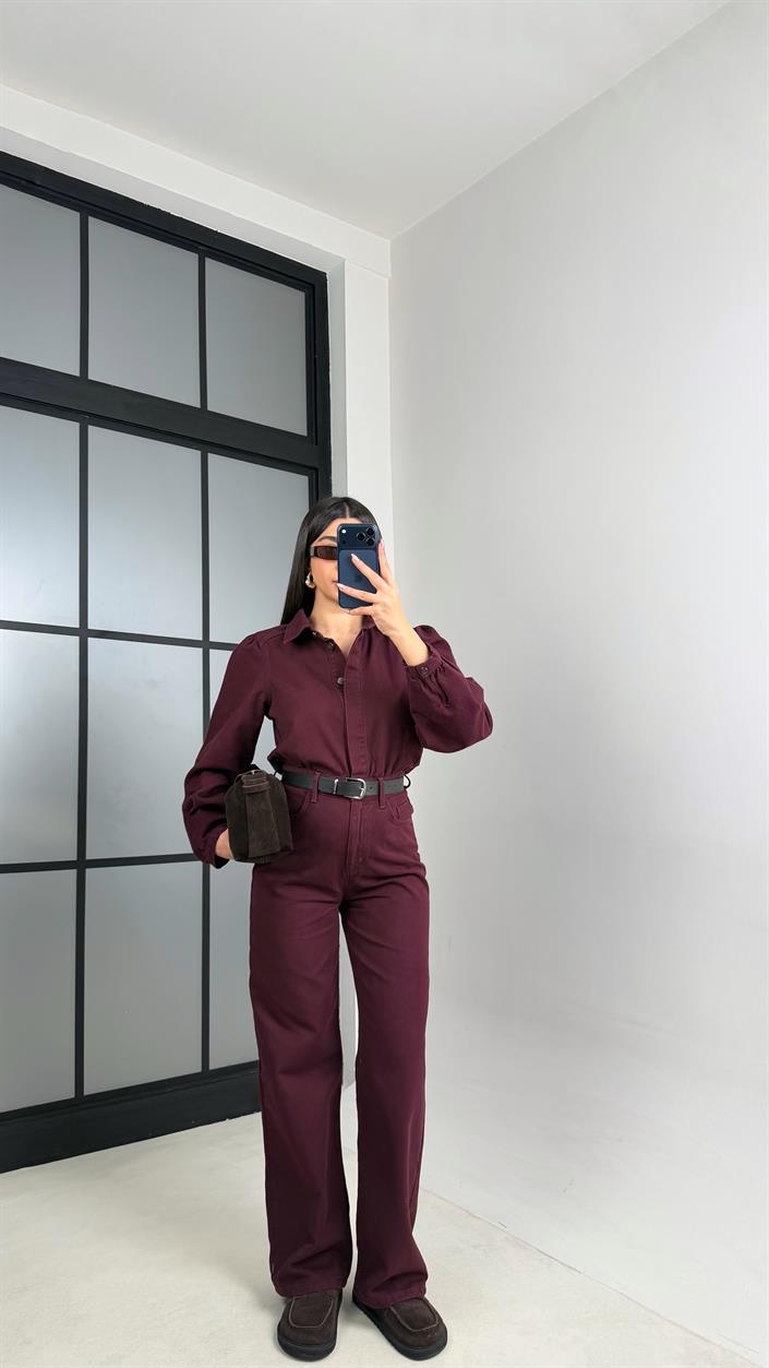Bordo Kemerli Premium Denim Tulum GAUS-00673