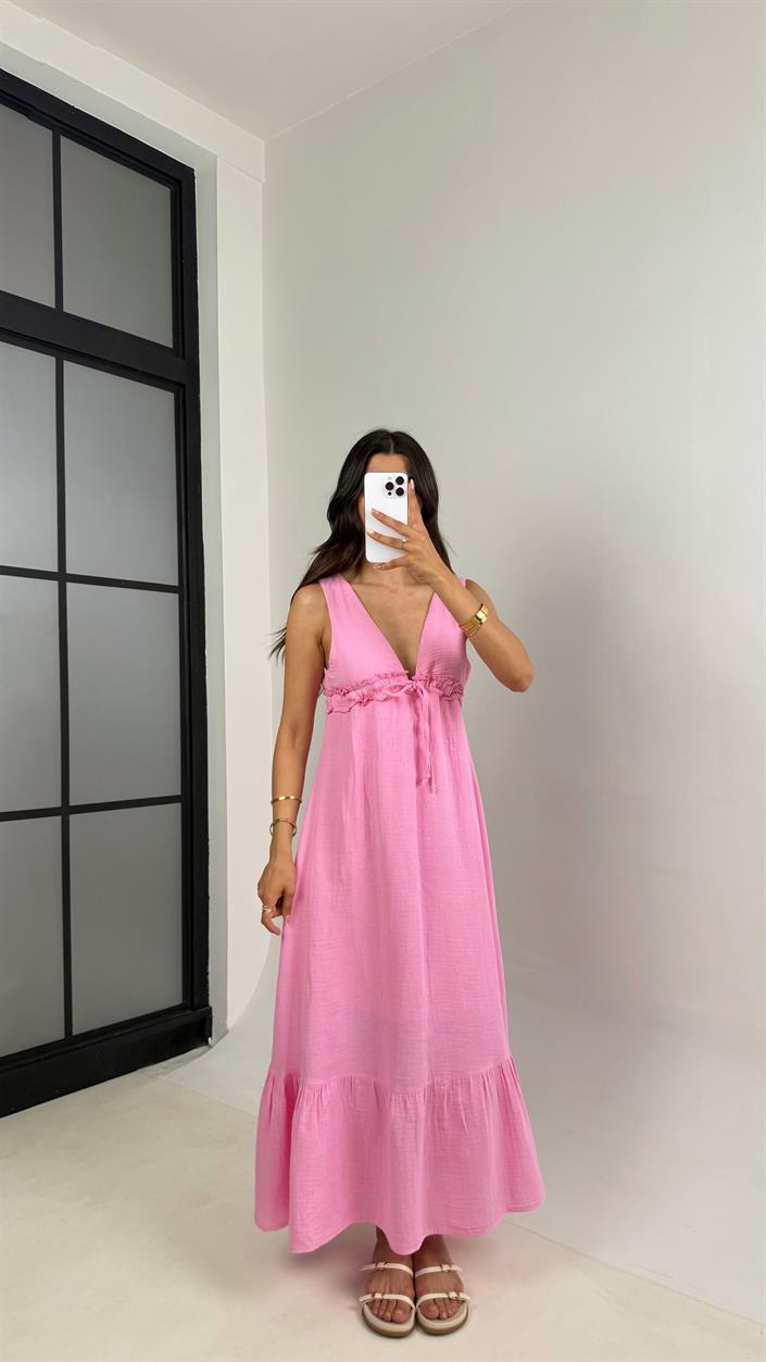 Pembe V Yaka Ayarlanabilir Lastikli Astarlı Müslin Elbise Gaus00680 