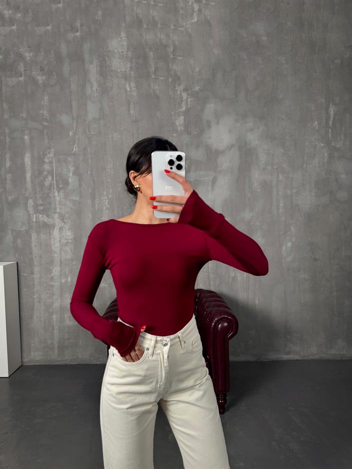 Toffe Bordo Oys Kumaş Geniş Yaka Bluz