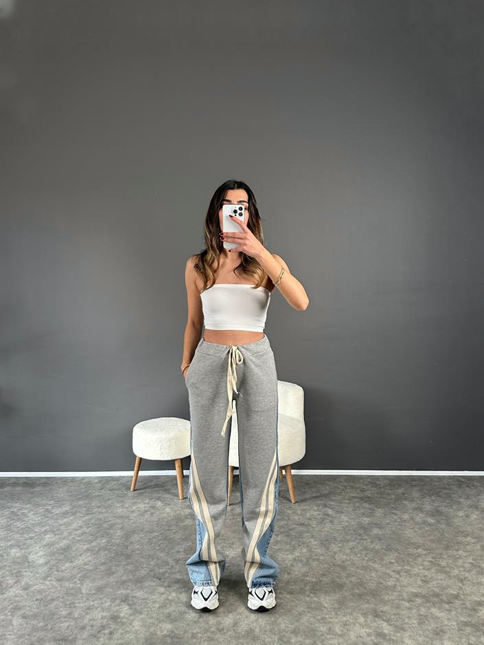 Premium Gri Jean Şerit Detaylı Pantolon