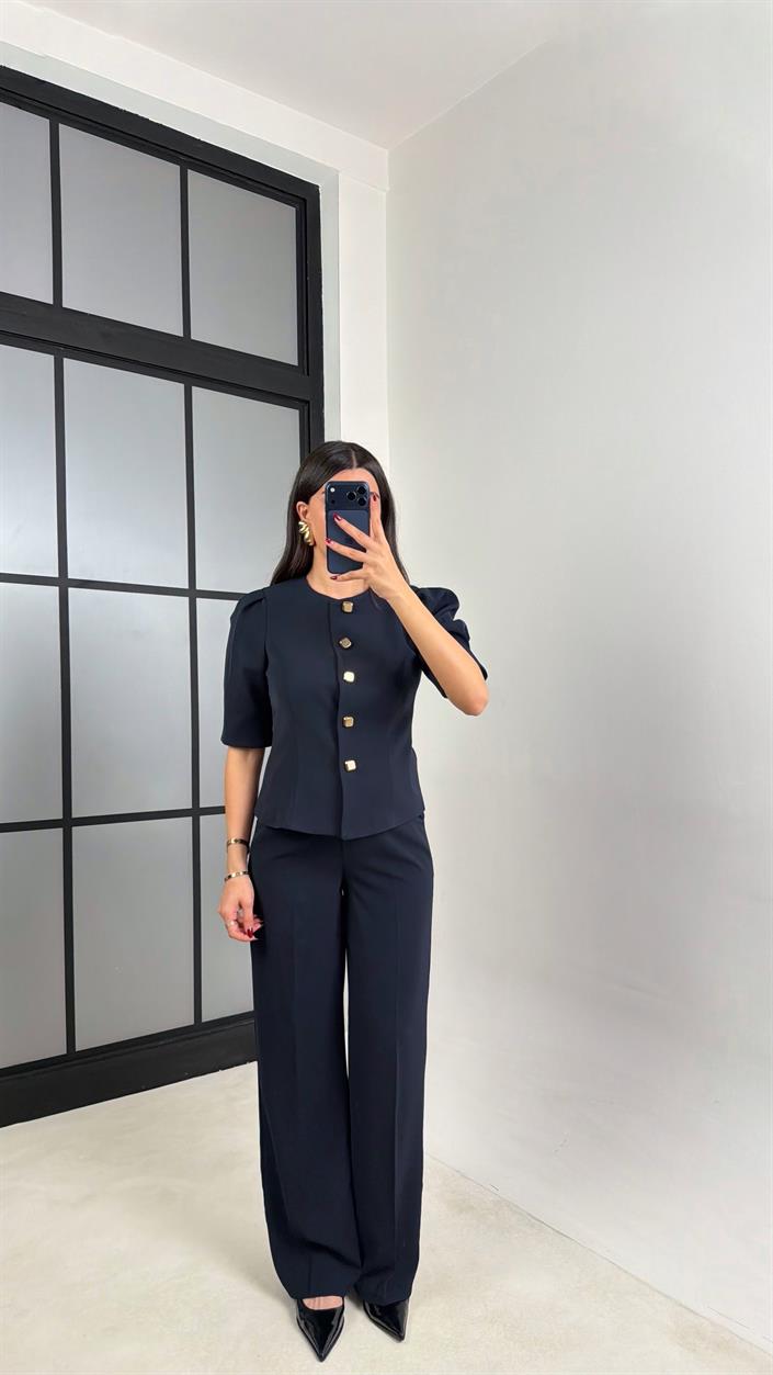 Lacivert Gold Düğmeli Balon Kol Ceket Beli Lastikli Pantolon Kumaş Takım GAUS-00748