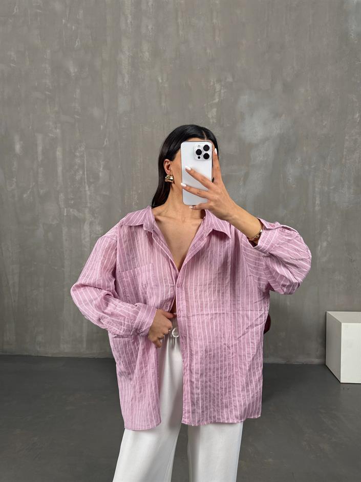 Pembe Çizgili Oversize Gömlek Gaus0004