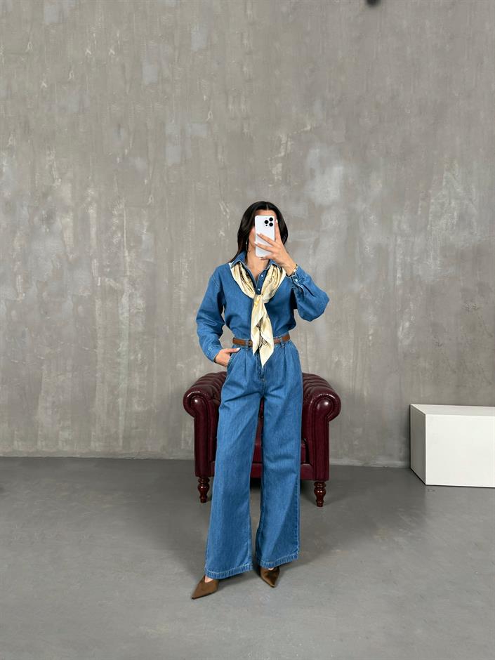 Açık Mavi Çıtçıt Düğmeli Gömlek Pantolon Denim Takım Gaus0002