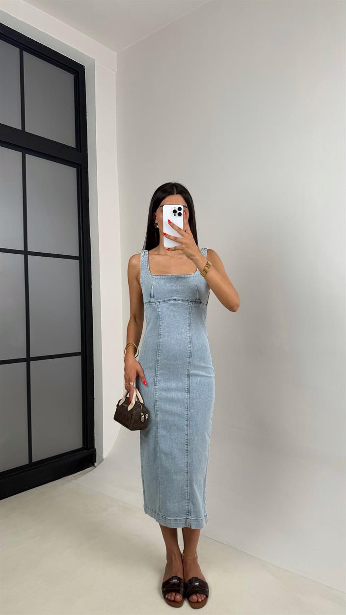 Buz Mavisi Yırtmaç Detaylı Denim Elbise Gaus00693
