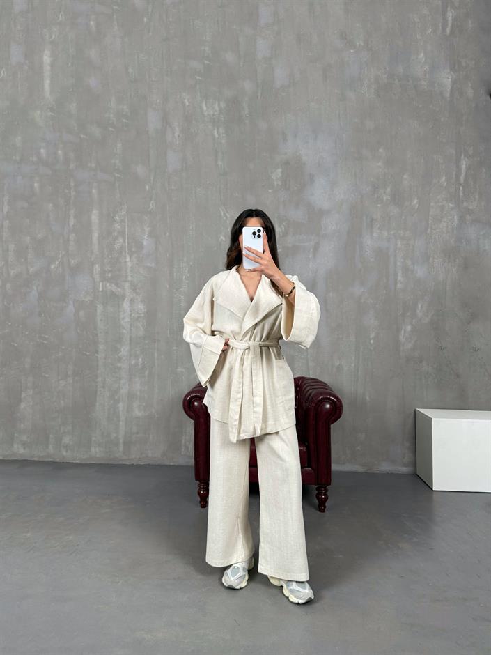 Sansa Taş Kuşaklı Keten Kimono Takım
