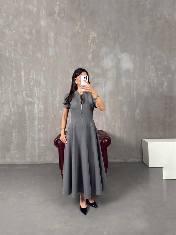 Fiyona Gri Önü Fermuar Detaylı Kısa Kollu Cepli Premium Pinterest Elbise