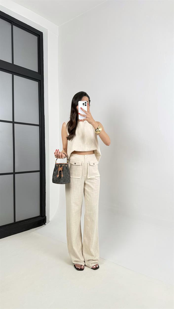 Taş Sıfır Kol Bluz Cep Detaylı Pantolon Keten Takım Gaus00458 