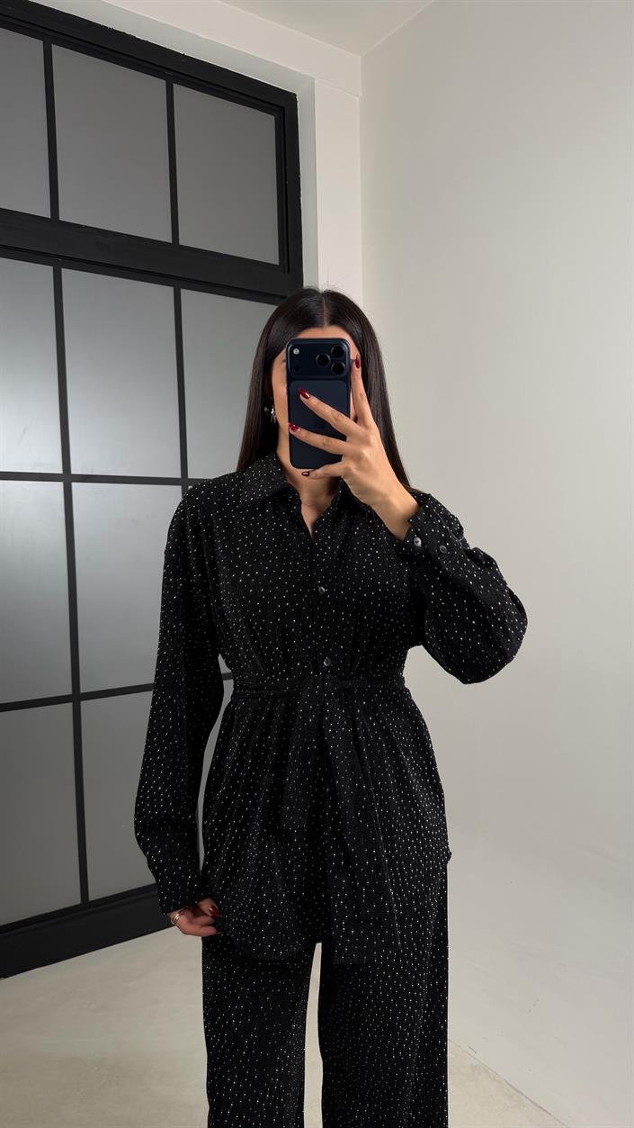 Siyah Taş Detaylı Kuşaklı Ceket Pantolon İkili Tasarım Takım GAUS-00764