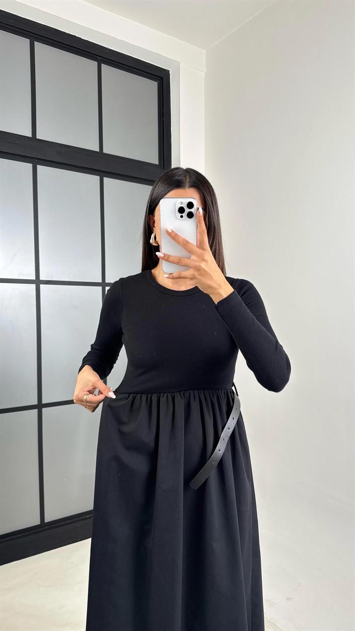 Siyah Uzun Kol Beli Lastikli Kemerli Elbise GAUS-01214