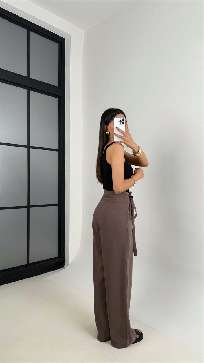 Kahve Yan Bağlamalı Tasarım Tencel Pantolon Gaus00500