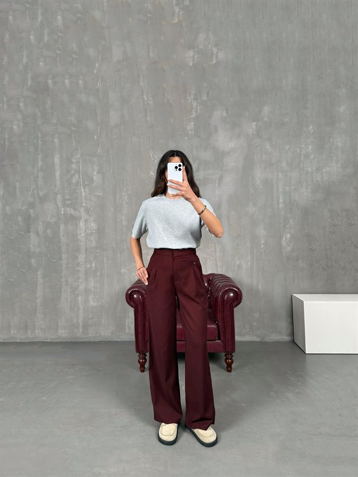 Rigal Bordo Ön Düğme Detaylı Kumaş Pantolon