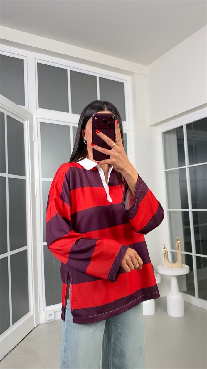 Kırmızı Polo Yaka Şeritli Bluz GAUS-02306