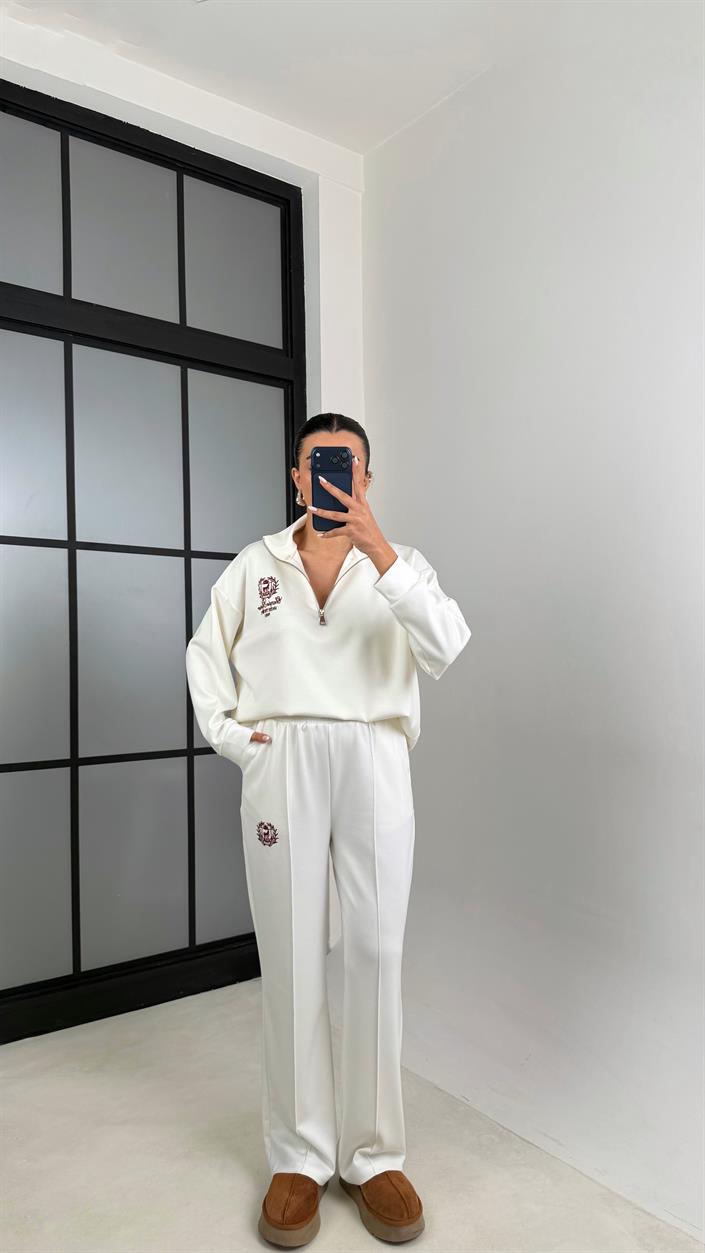 Beyaz Fermuarlı Baskılı Sweatshirt Beli Lastikli Eşofman İkili Takım GAUS-00597