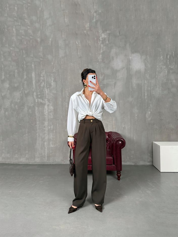 Sagura Kahve Beli Lastikli Cepli Premium Pantolon