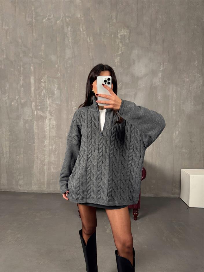 Lipsi Gri Örgü Detaylı Fermuarlı Oversize Kazak