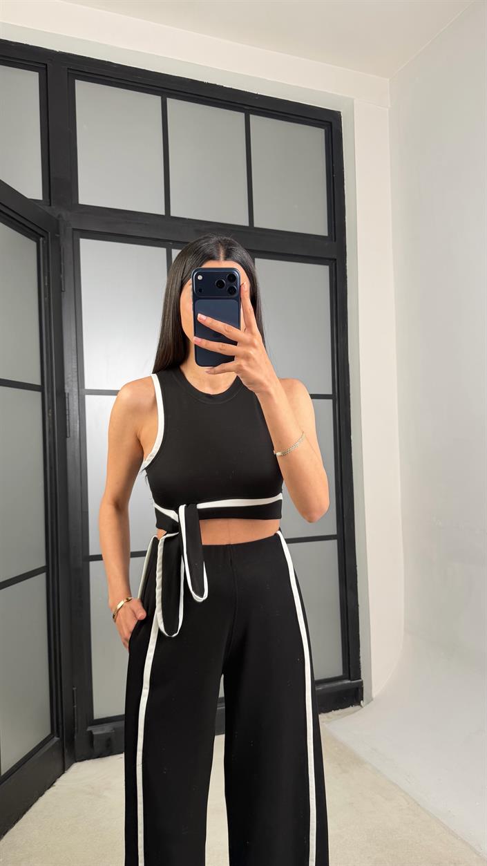 Siyah Bağlama Detaylı Bluz Beli Lastikli Pantolon Biyeli Modal Takım GAUS-01473