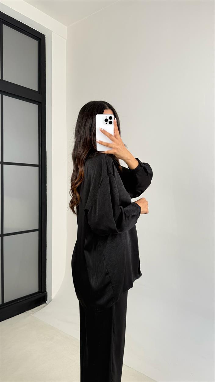 Siyah Gömlek Beli Lastikli Pantolon İkili Premium Saten Takım GAUS-0074