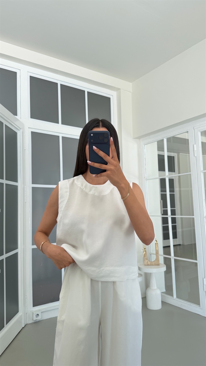 Ekru Bluz Beli Lastikli Pantolon Yıkamalı Tencel Takım GAUS-01795