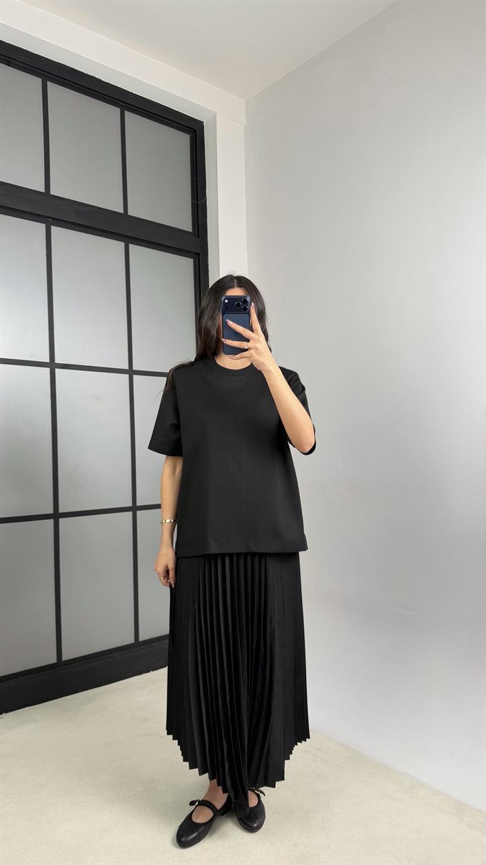 Siyah Ayarlanabilir Askılı Elbise Fermuarlı Tshirt Takıım GAUS-001156 GAUS-01157