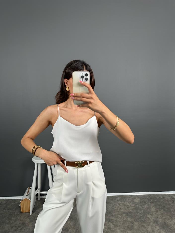 Exa Beyaz Askılı Keten Crop Bluz