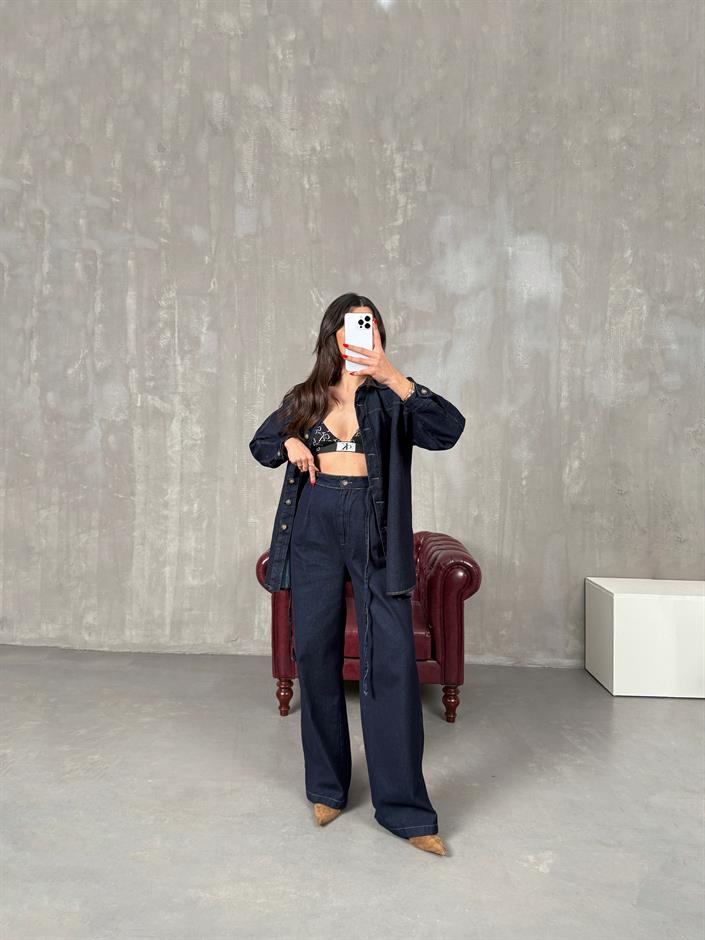 Tasira Lacivert Düğmeli Bağlamalı Tasarım Denim Takım