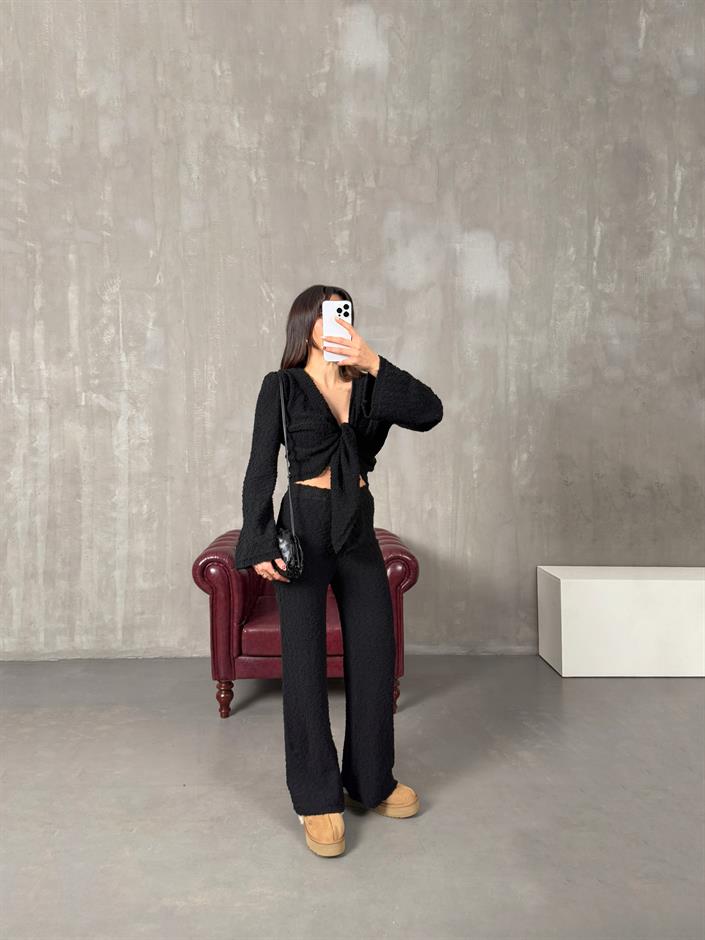 Bianca Siyah Önden Bağlamalı Hırka Pantolon Tasarım Takım