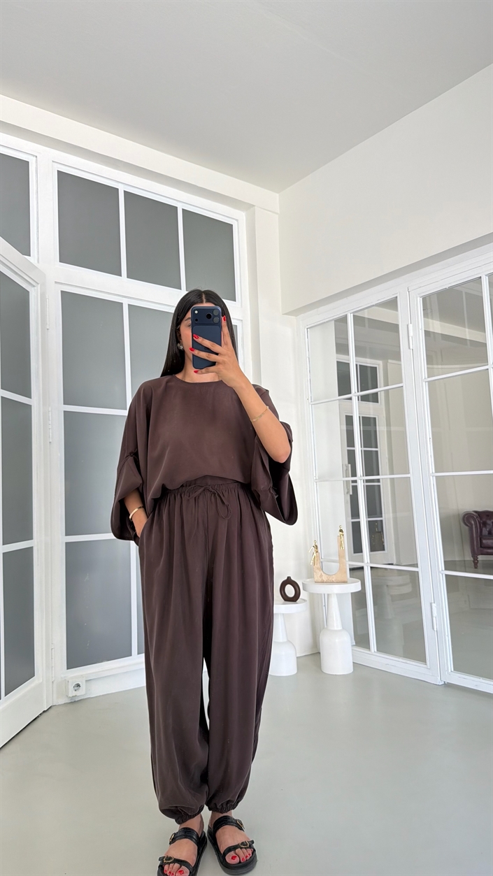 Kahve Yarasa Kol Bluz Beli Lastikli Şalvar Pantolon İkili Tencel Takım GAUS-01840