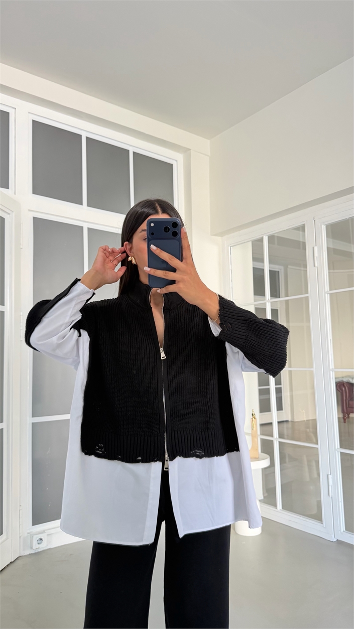 Siyah Gömlek Detaylı Örme Hırka Beli Lastikli Cepli Pantolon İkili Triko Takım GAUS-02132