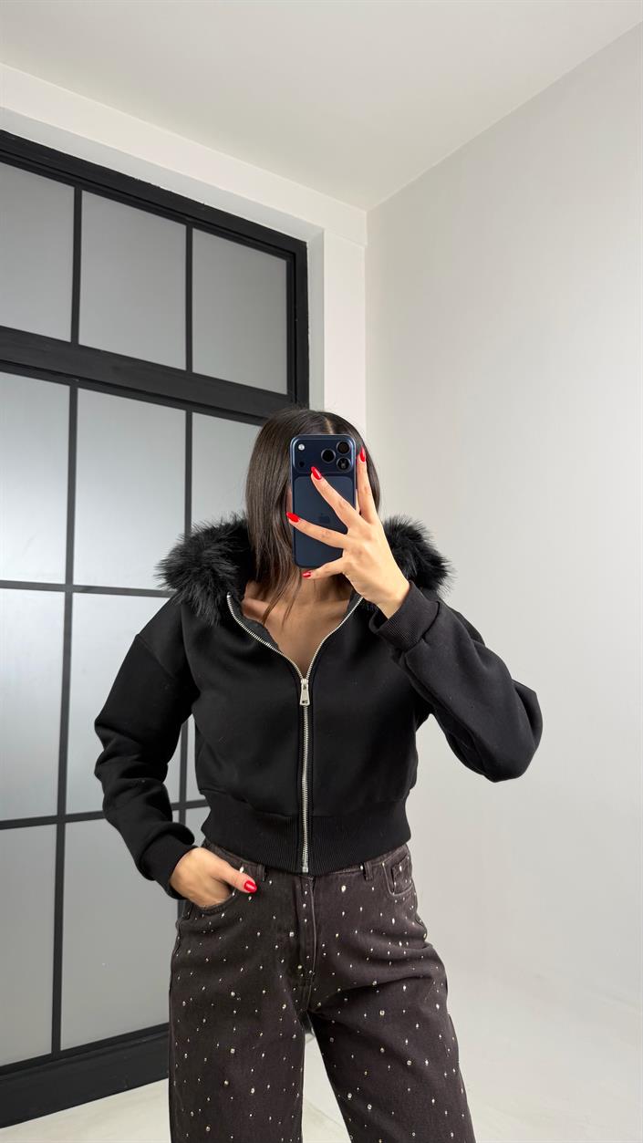 Siyah Kürk Yakalı Şardonlu Premium Sweatshirt GAUS-00959