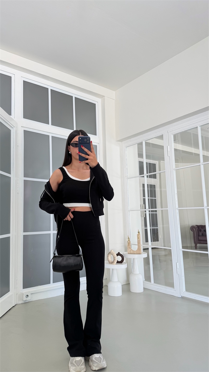 Siyah Hırka Crop Beli Lastikli Pantolon 3lü Basic Takım GAUS-01889