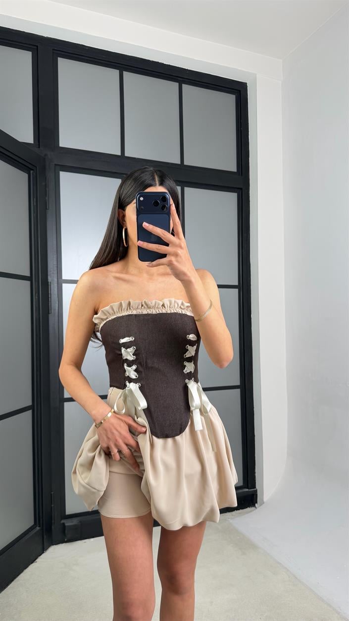 Kahve Denim Korse Şortlu Balon Etek Takım GAUS-01433