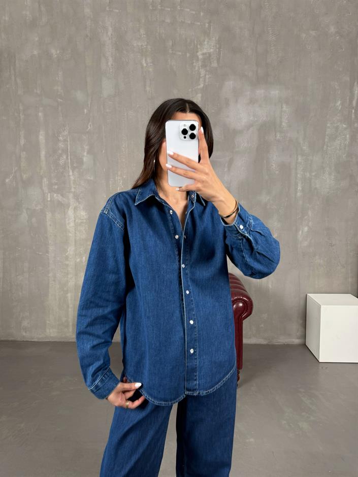 Orta Mavi Çıtçıt Düğmeli Gömlek Pantolon Denim Takım Gaus0002
