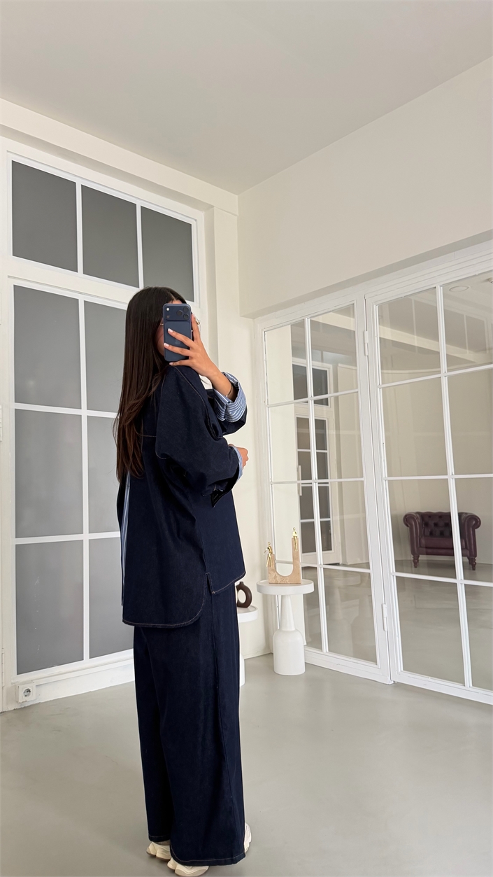 Lacivert Çizgi Detaylı Gömlek Geniş Paça Pantolon İkili Denim Takım GAUS-02041