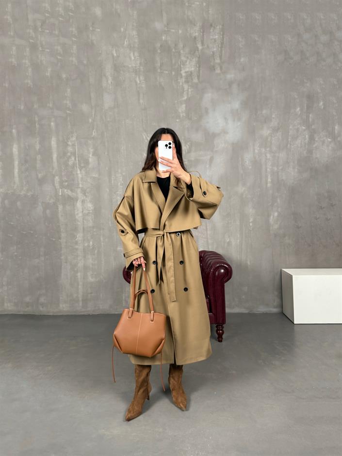 Telsa Camel Kuşaklı Poliviskon Astarlı Premium Trençkot 