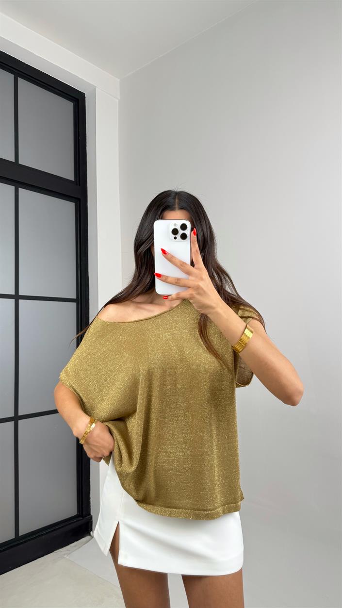 Sarı Gold Simli Triko Tek Omuz Bluz GAUS-0043