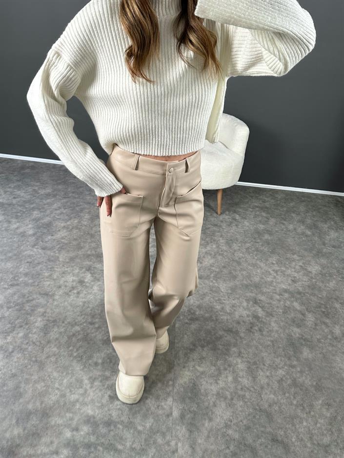 Taş Ön Cepli Şardonlu Deri Pantolon