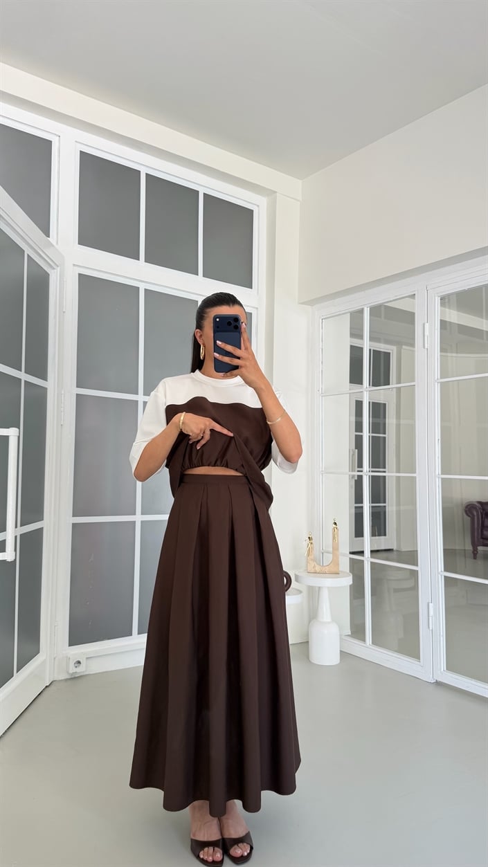 Kahve TWST Model Beli Lastikli Bluz Etek İkili Takım GAUS-01768
