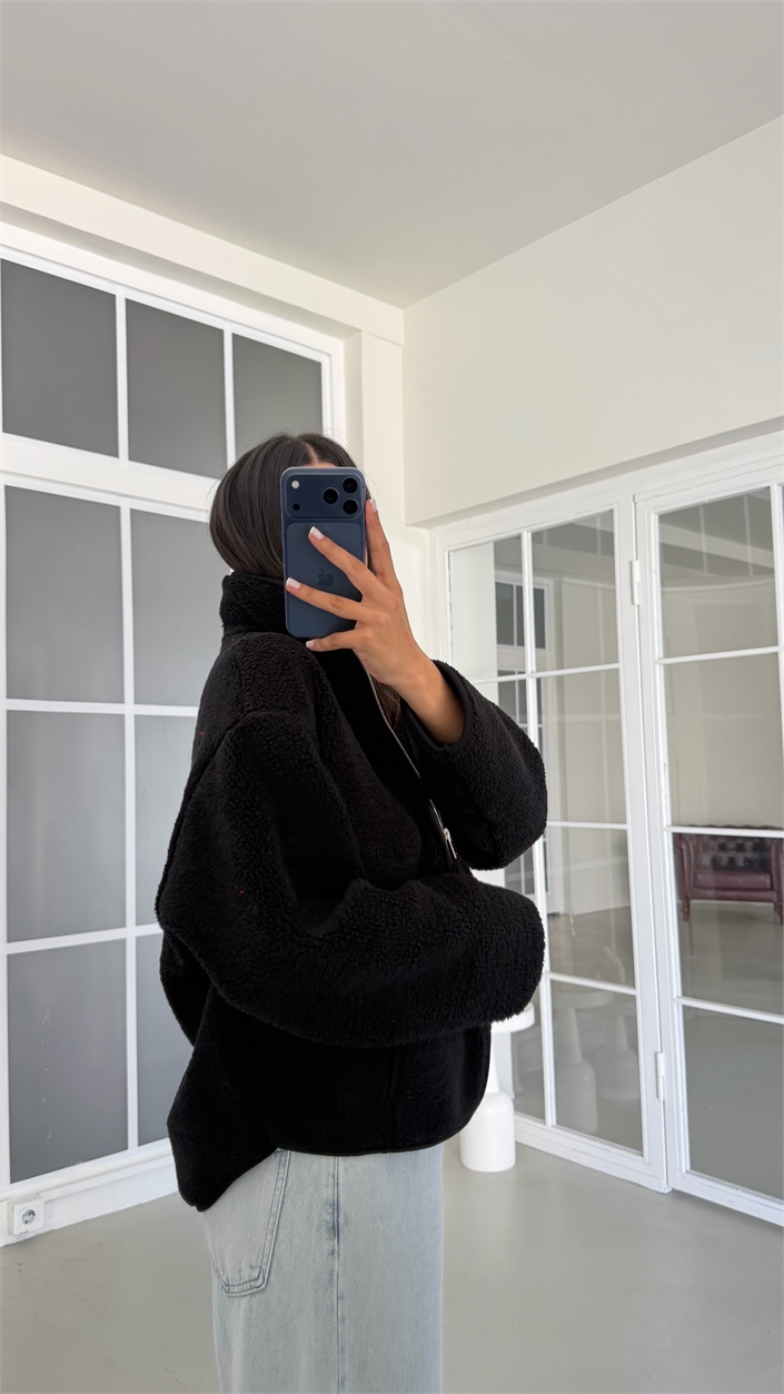 Siyah Fermuarlı Cepli Polar Sweatshirt GAUS-02031