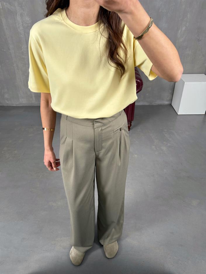 Rigal Haki Ön Düğme Detaylı Kumaş Pantolon