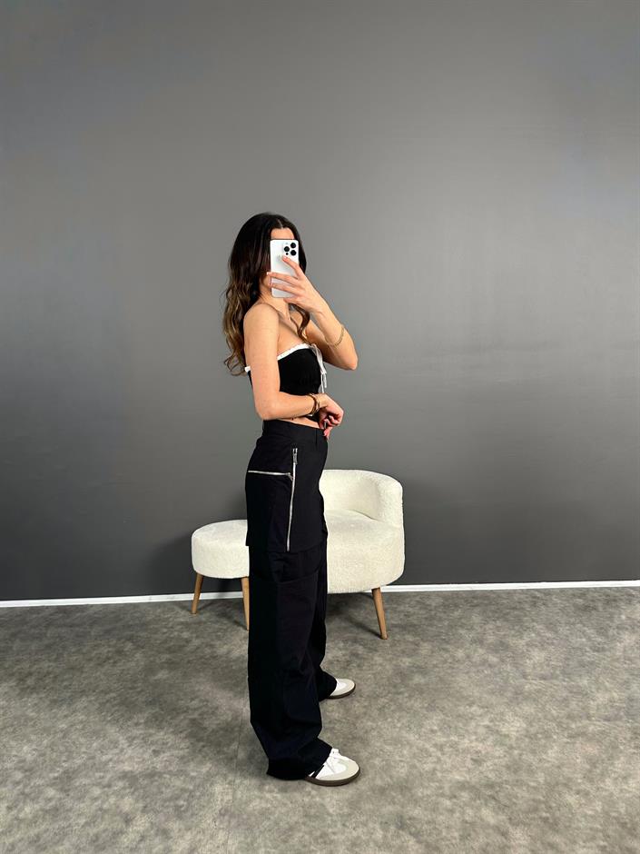 ZR Model Siyah Fermuarlı Paraşüt Pantolon 